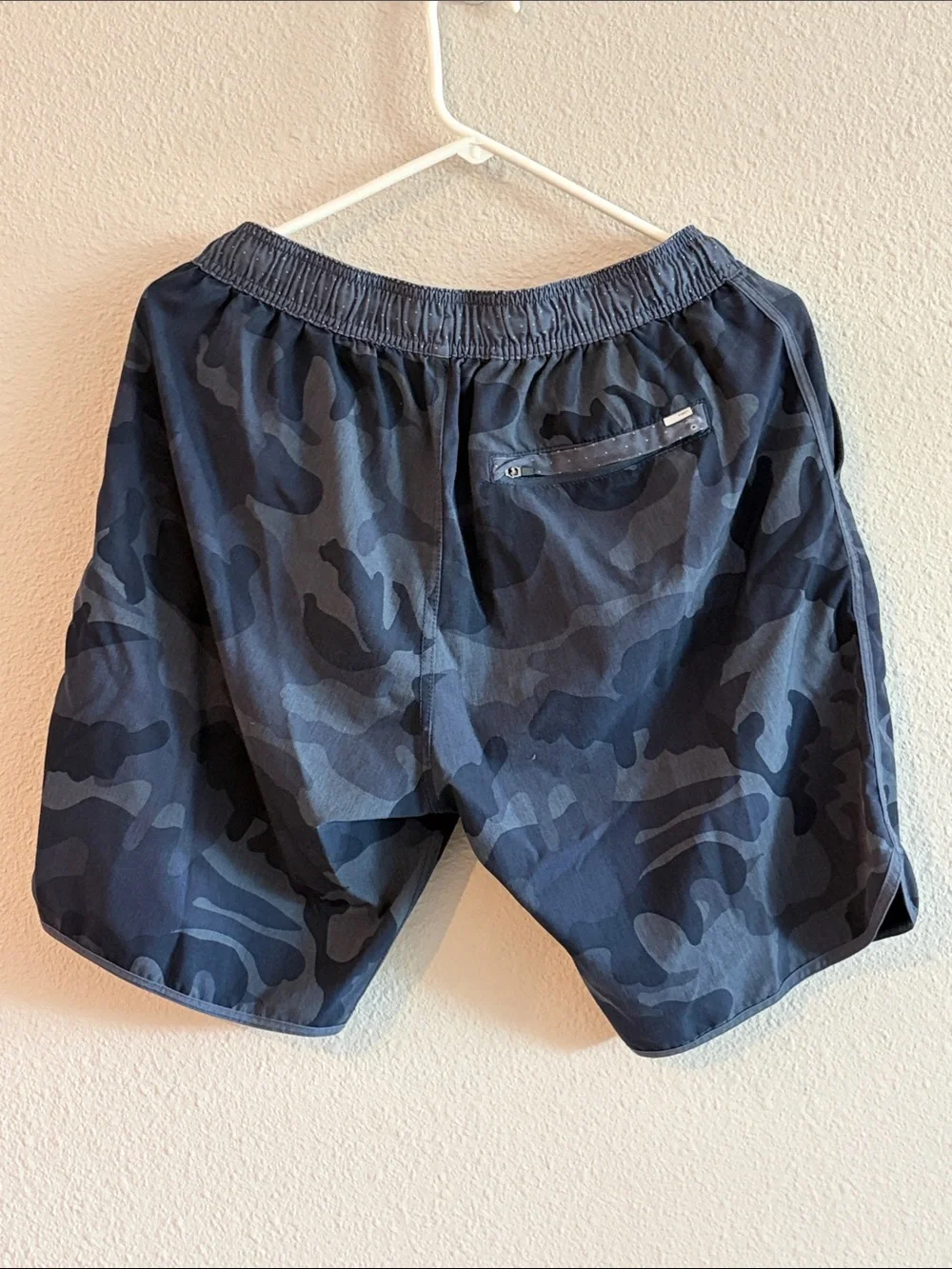 Vuori Navy Camo Swim Board Shorts with White Drawstring